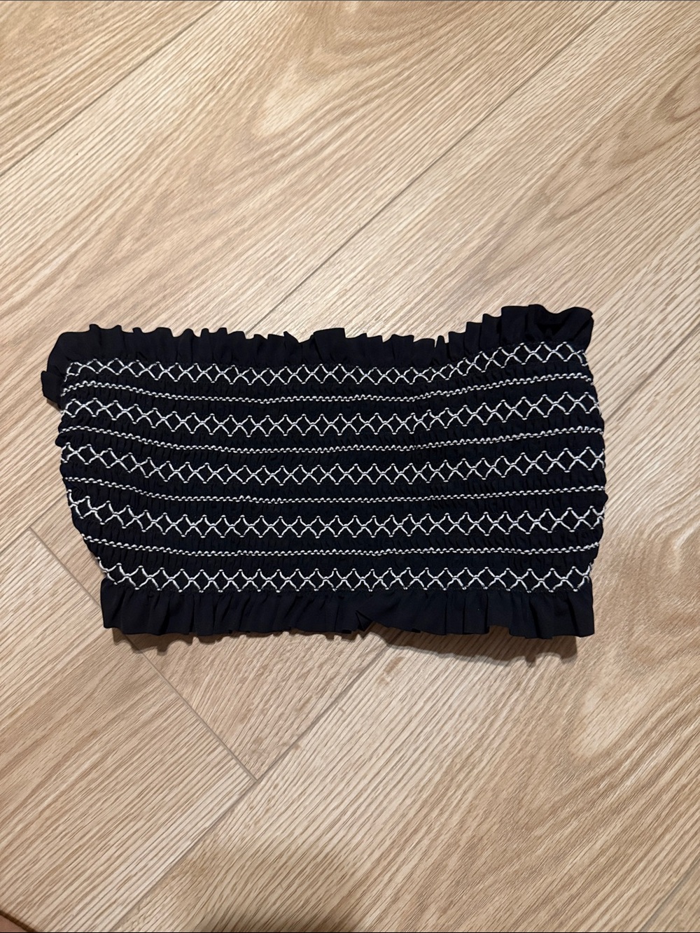 Tory Burch, black swim tube top with white embroidered stitching